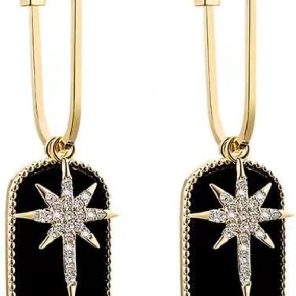 Gold and Black Dangle Earrings Hypoallergenic Sparkle Star Lightweight Women - Picture 1 of 7